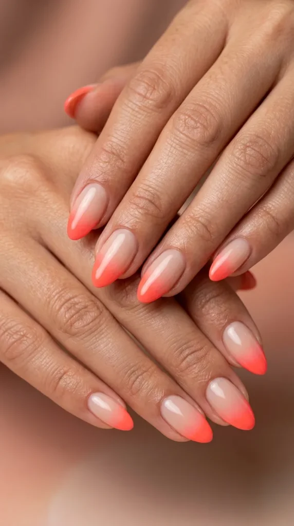 Neon Coral French Fade Nails