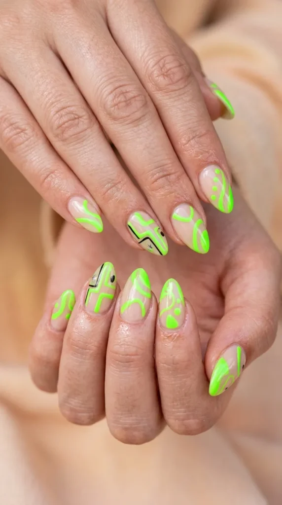 Neon Green Abstract Art Nails