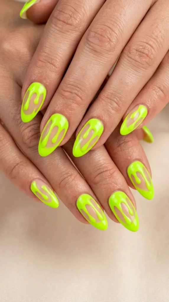 Neon green abstract drip nails