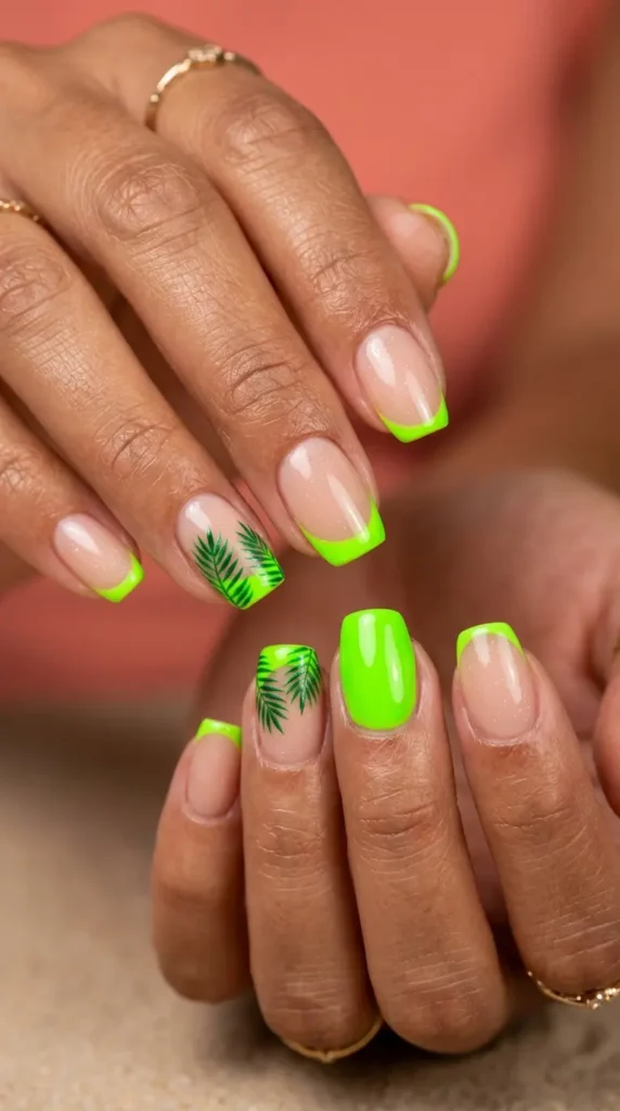 Neon green tropical accent nails