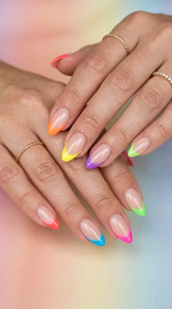 Neon rainbow French manicure