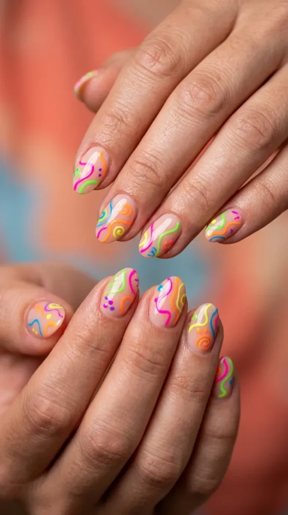 Neon squiggle line abstract nails