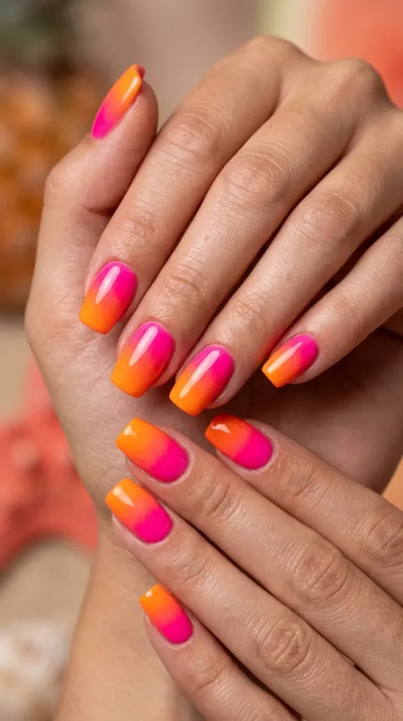 Neon tropical ombré nails (pink to orange sunset fade)