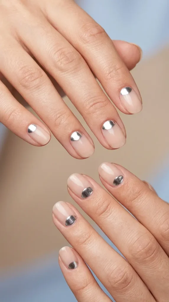 neutral nails with chrome half-moon design
