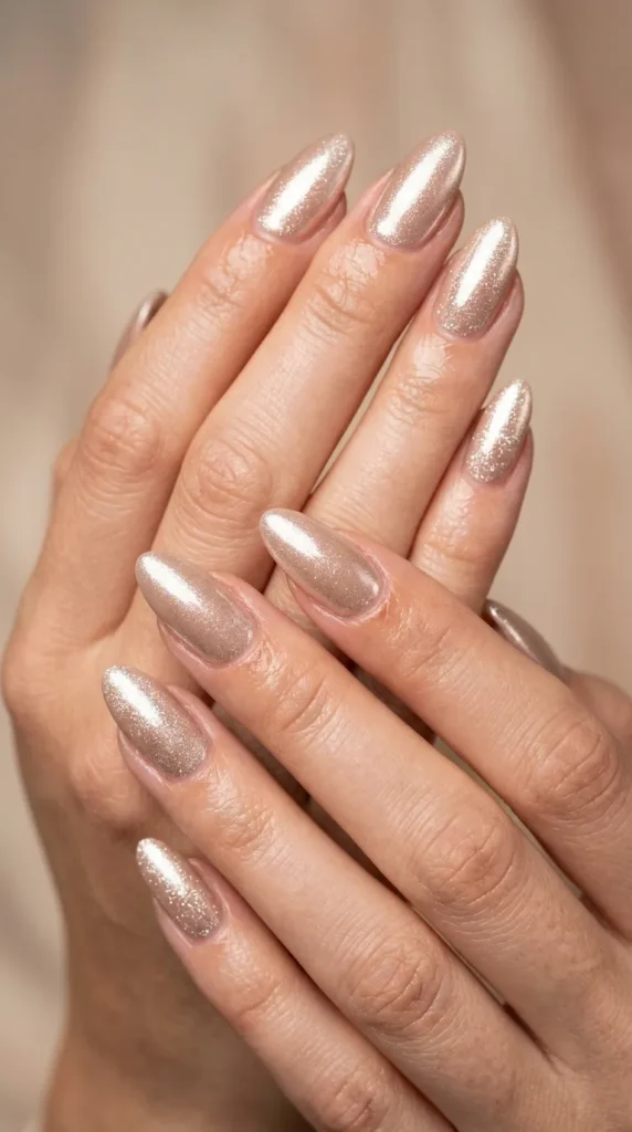 Nude Chrome Reflective Almond Nails