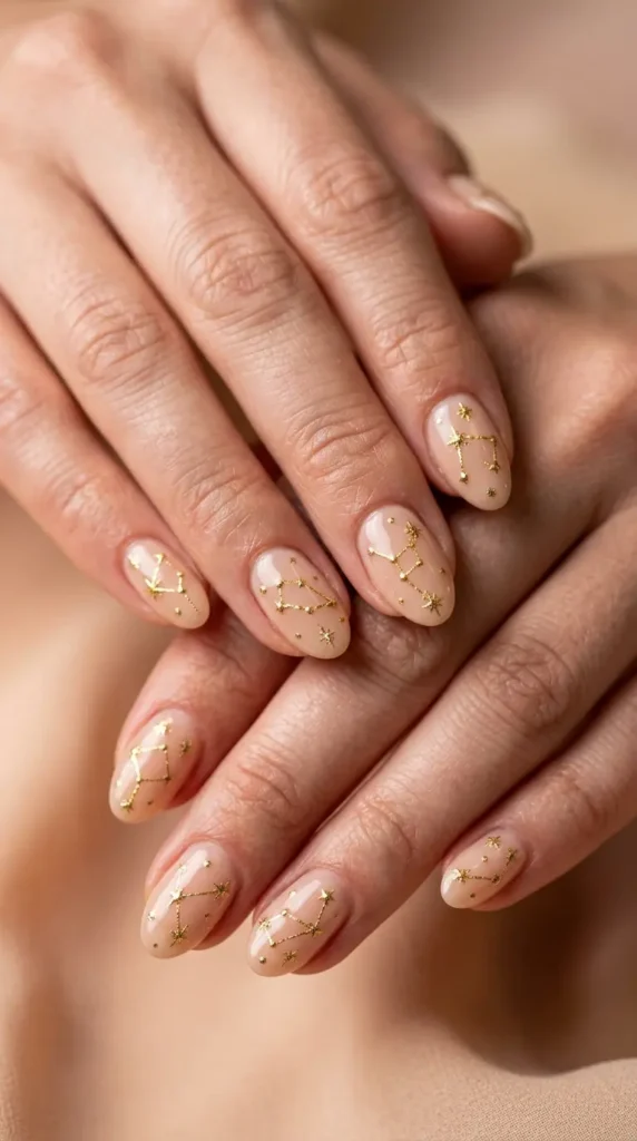 Nude nails with delicate gold star constellation art