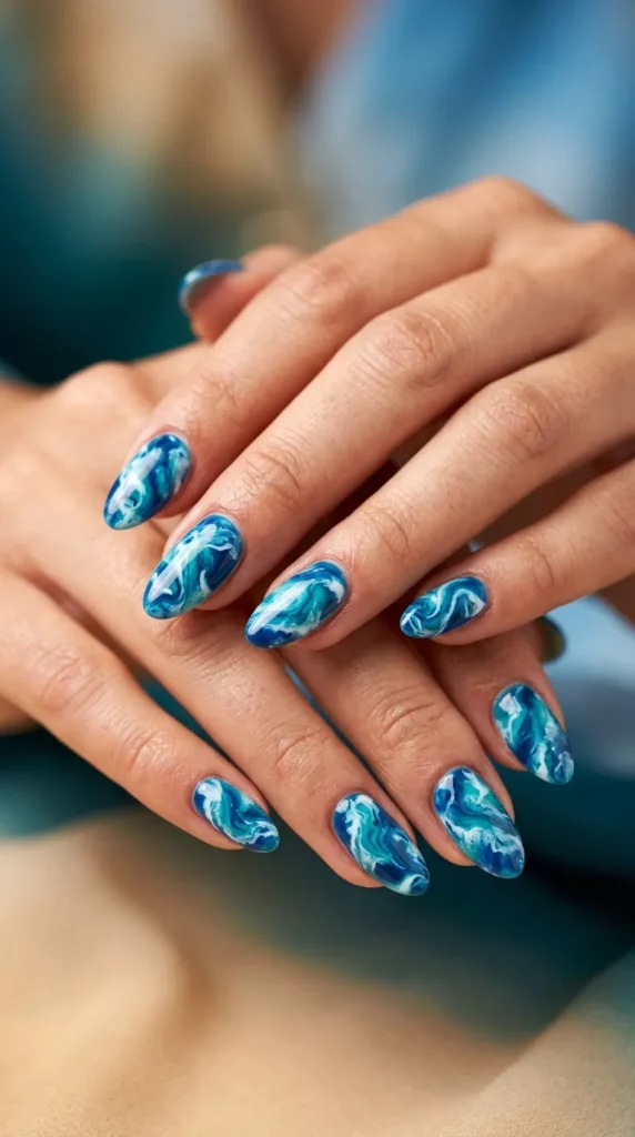 Ocean Tide Swirl Marble Nails