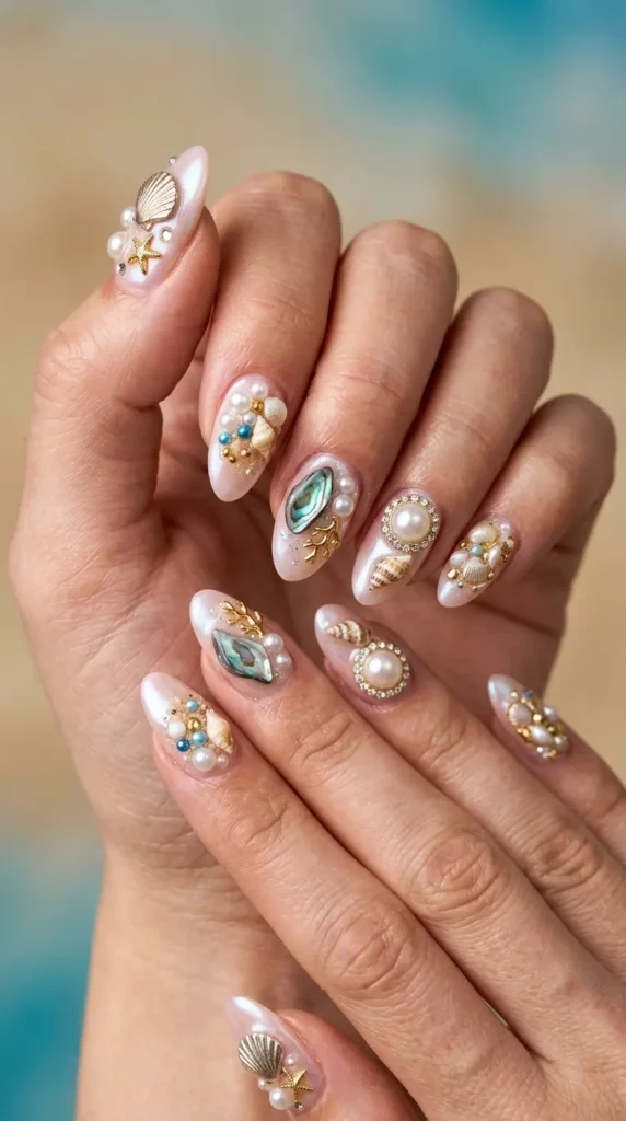 Ocean treasure themed nails (shell + pearl mix)