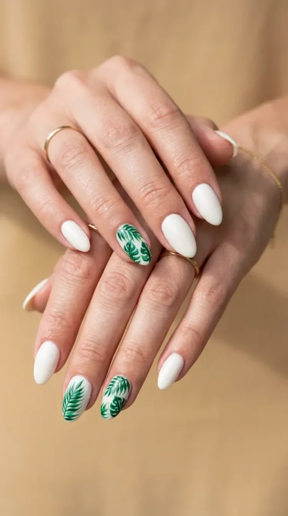 Palm leaf green accent nails