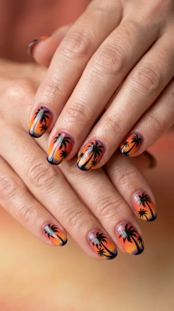 Palm tree silhouette sunset nails