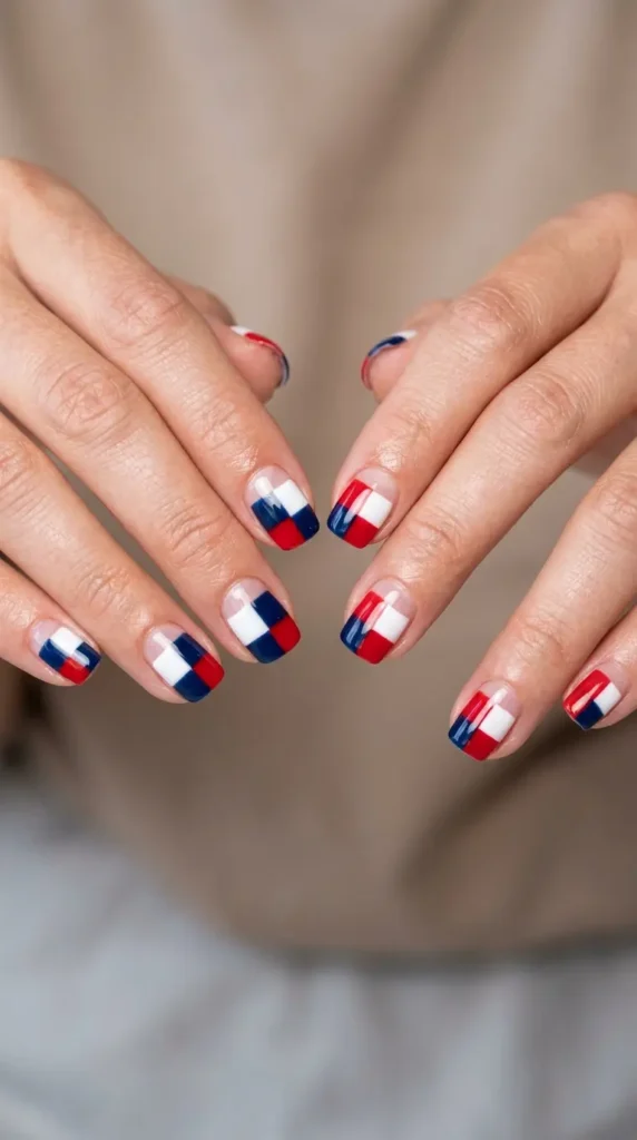 Patriotic color block nails (red/white/blue squares)