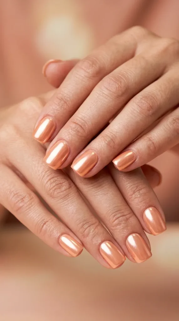 Peach Chrome Short Square Nails