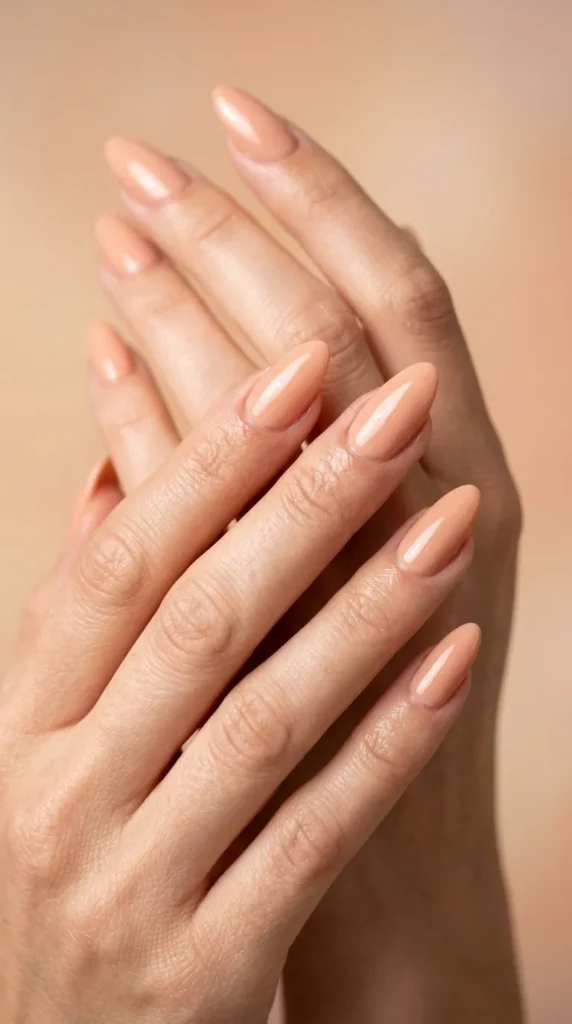 Peach Nude Almond Glossy Nails