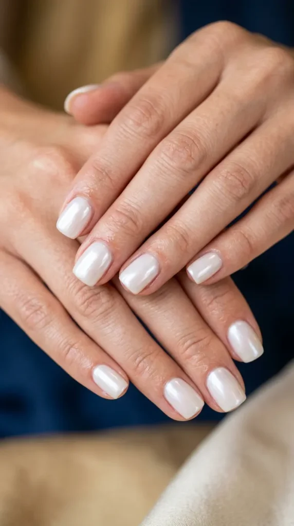 Pearl white nails with glossy wet look finish