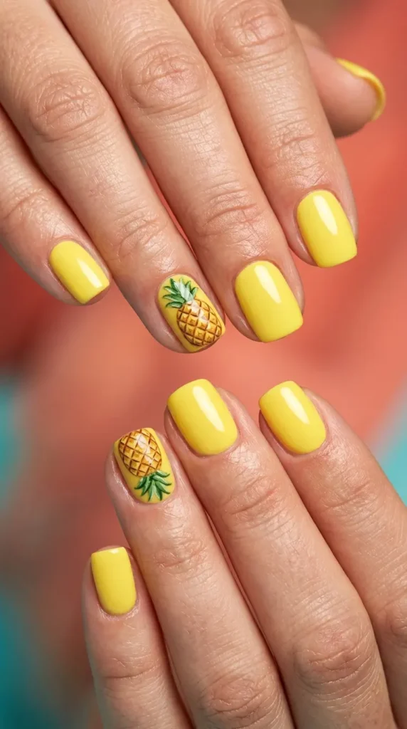 Pineapple accent nails with bright yellow base