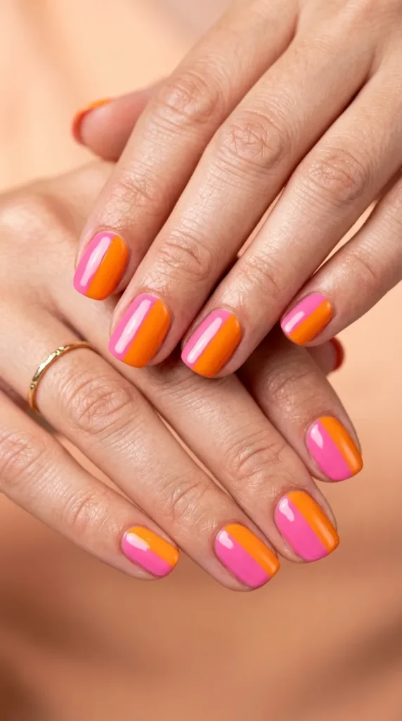Pink And Orange Split Color Nails