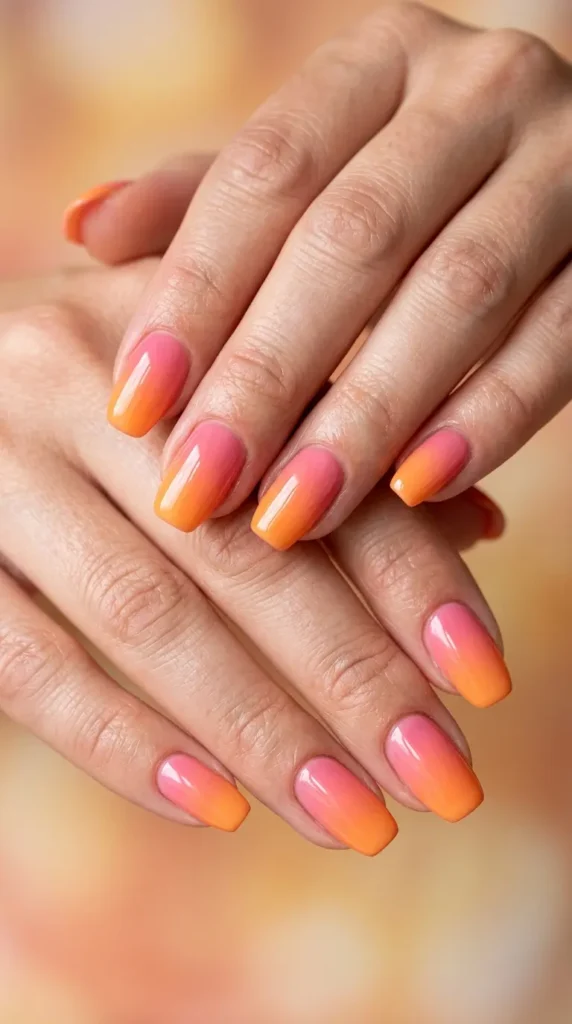 Pink And Orange Sunset Gel Nails