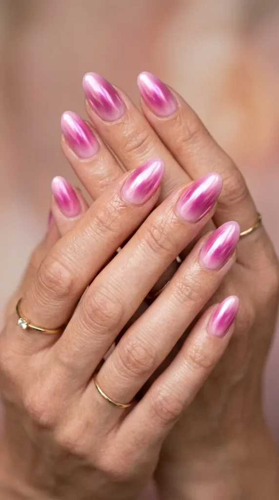Pink chrome aura gradient nails