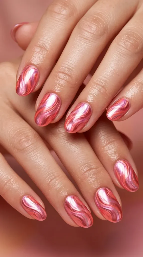 Pink coral chrome swirl nails