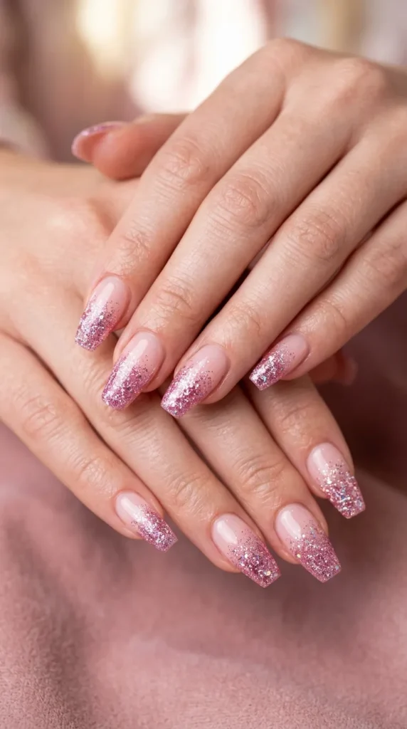 Pink Glitter Gradient Coffin Nails