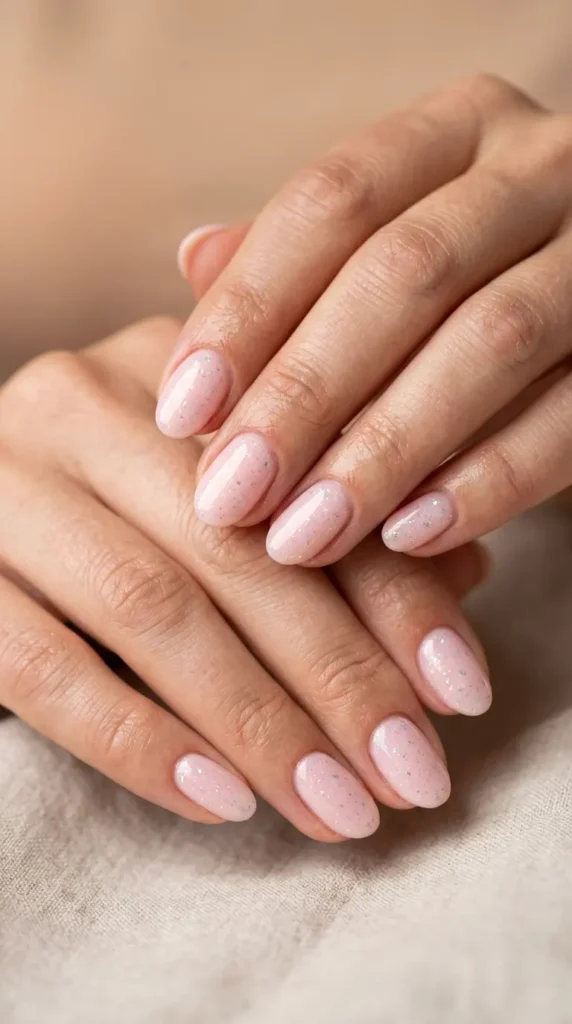 Pink milky nails with subtle confetti shimmer