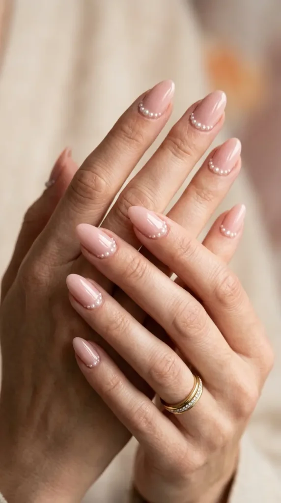 pink nude nails with pearl-studded cuticle line