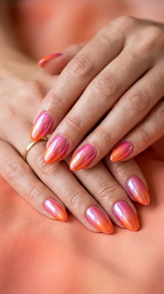 Pink & orange sunset chrome nails