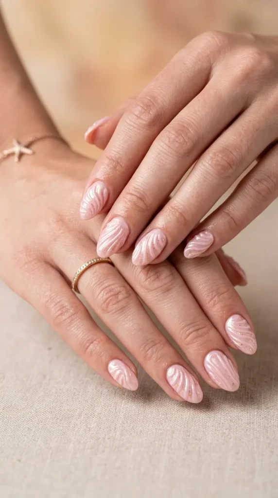 Pink seashell embossed nails