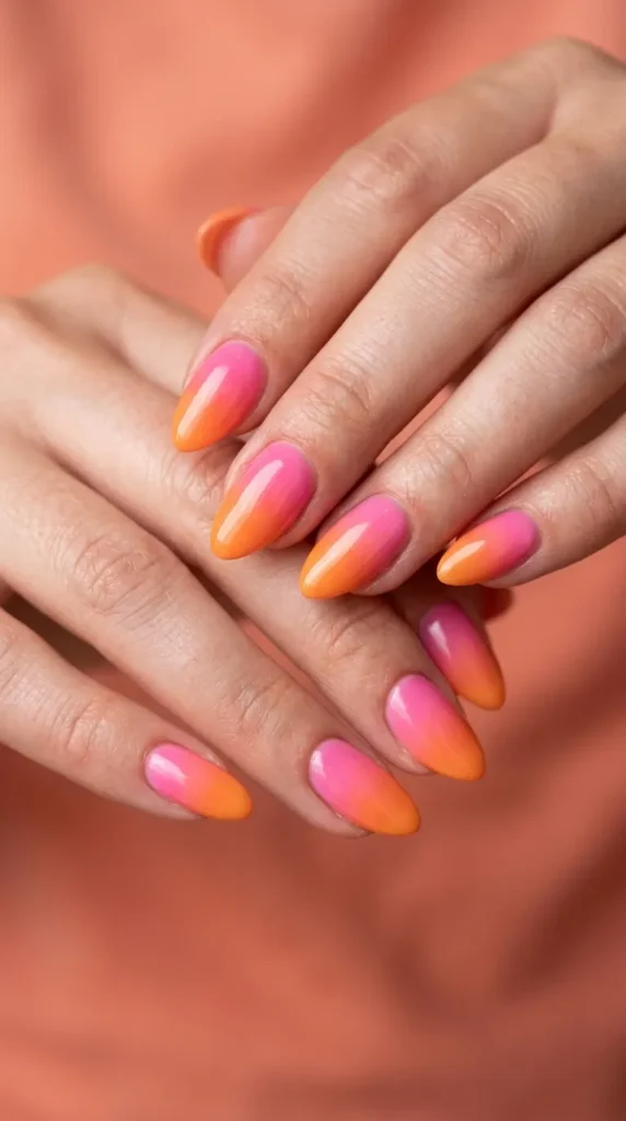 pink-orange gradient almond nails
