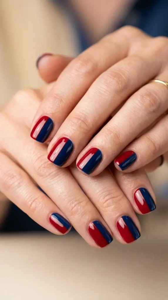 red and blue split nails half-and-half design