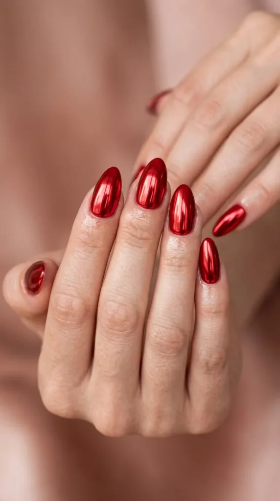 Red chrome nails with glossy mirror finish