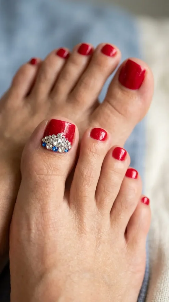 Rhinestone red glam Toe nails