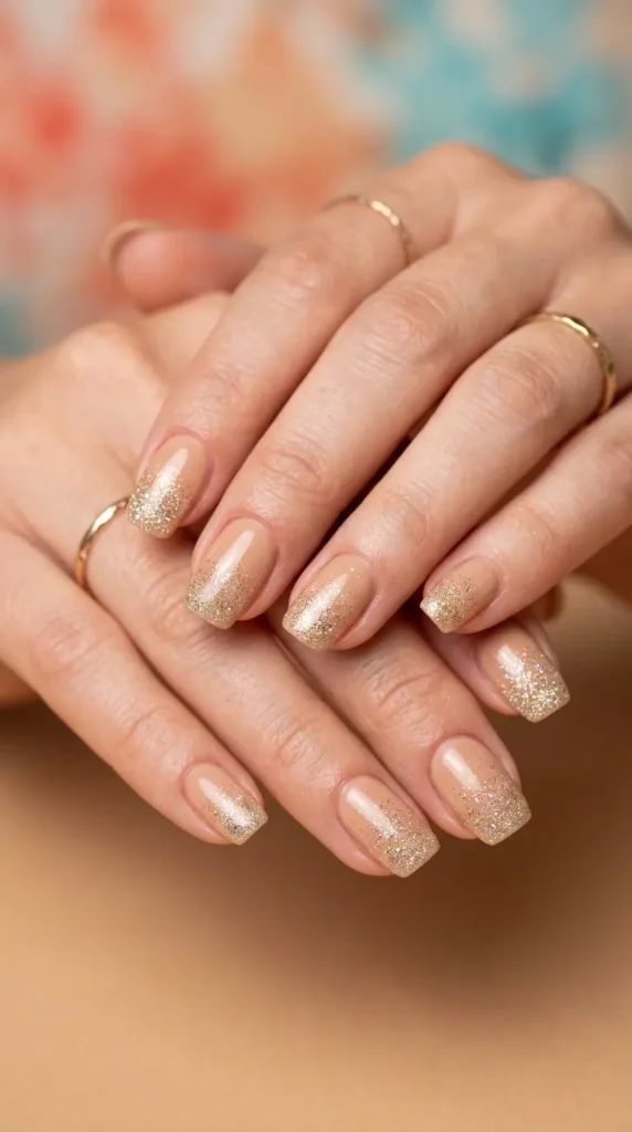 Sandy nude nails with micro glitter fade