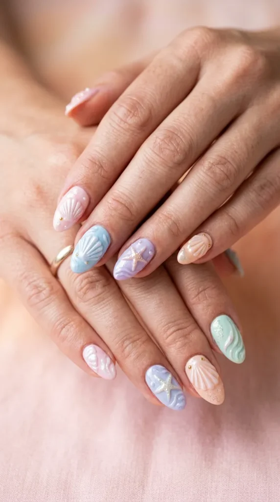 Seashell Pastel Embossed Nails