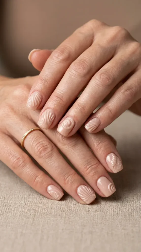 Seashell textured 3D nude nails
