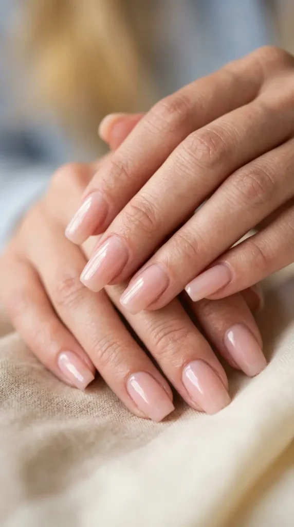 Sheer blush nails with glossy glazed finish