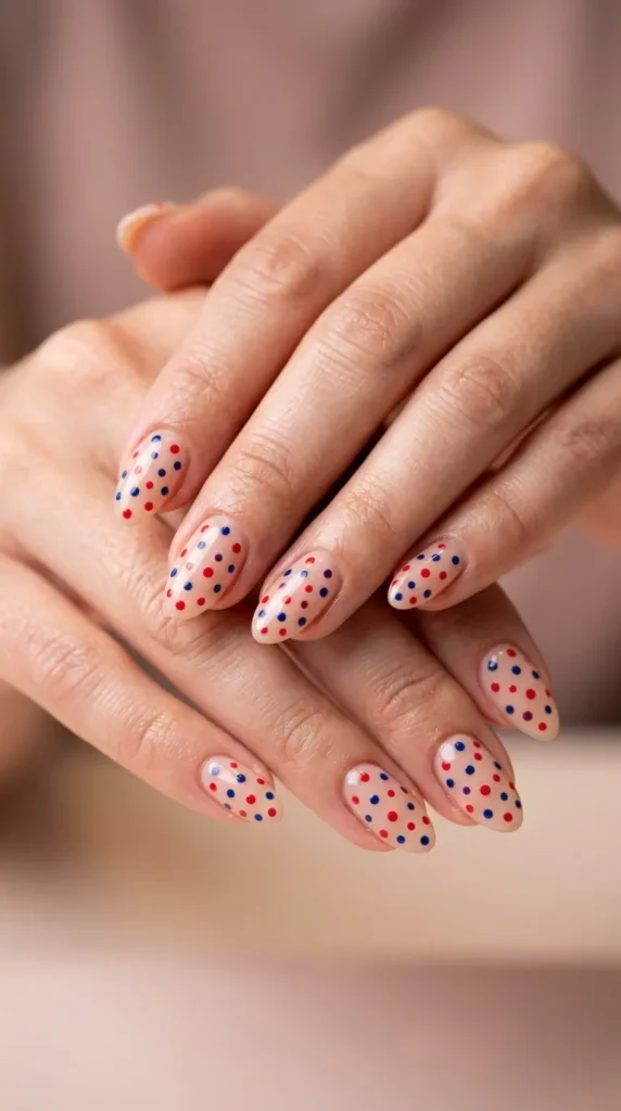 Sheer nude base with scattered red and blue dots