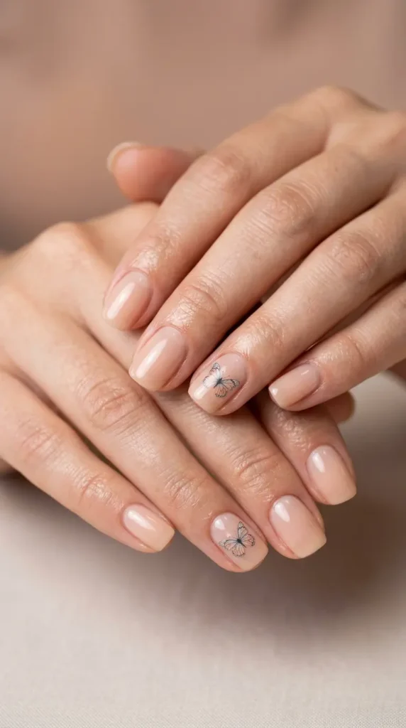 Sheer nude nails with subtle butterfly decals