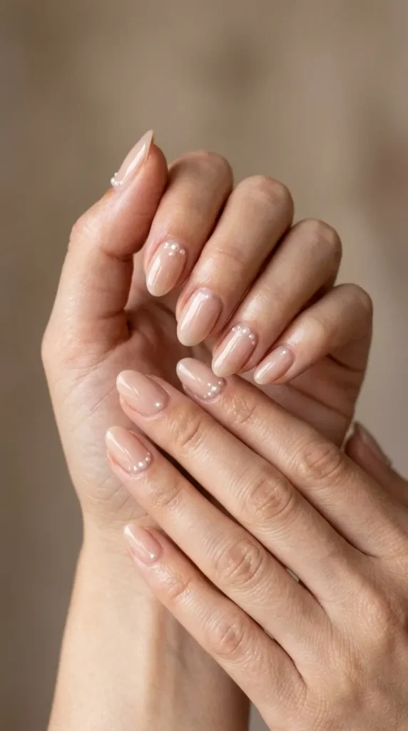 Sheer nude nails with tiny pearl accents