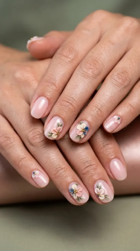 Sheer pink nails with 3D floral accents