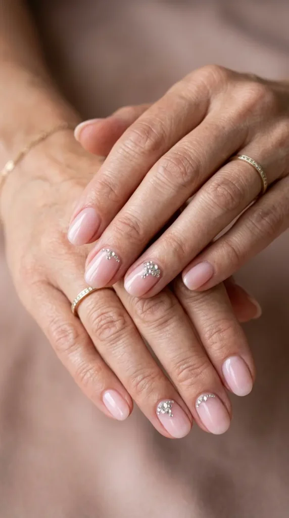 Sheer pink nails with tiny rhinestone cluster