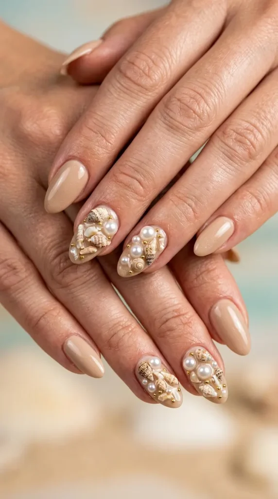 Shell and pearl mix accent nails