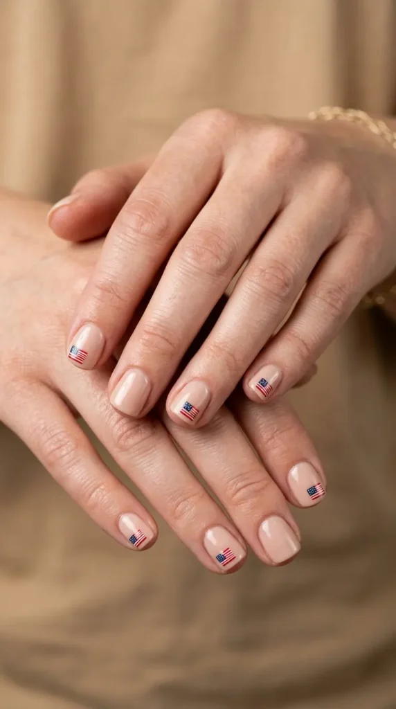 Short nude nails with tiny flag corner accents