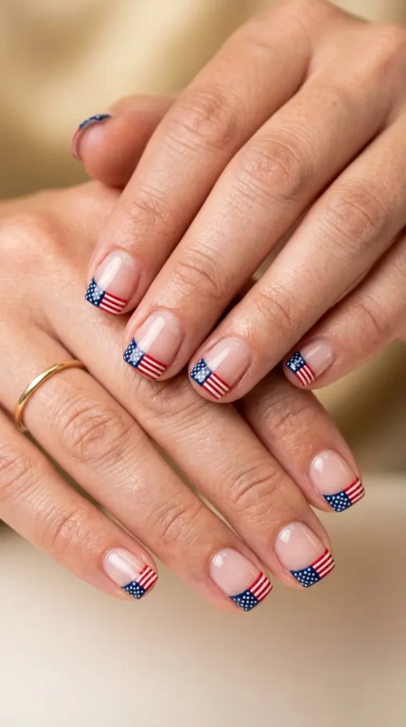 Short square nails with mini flag tips