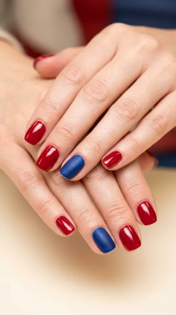 Simple glossy red nails with one blue accent nail