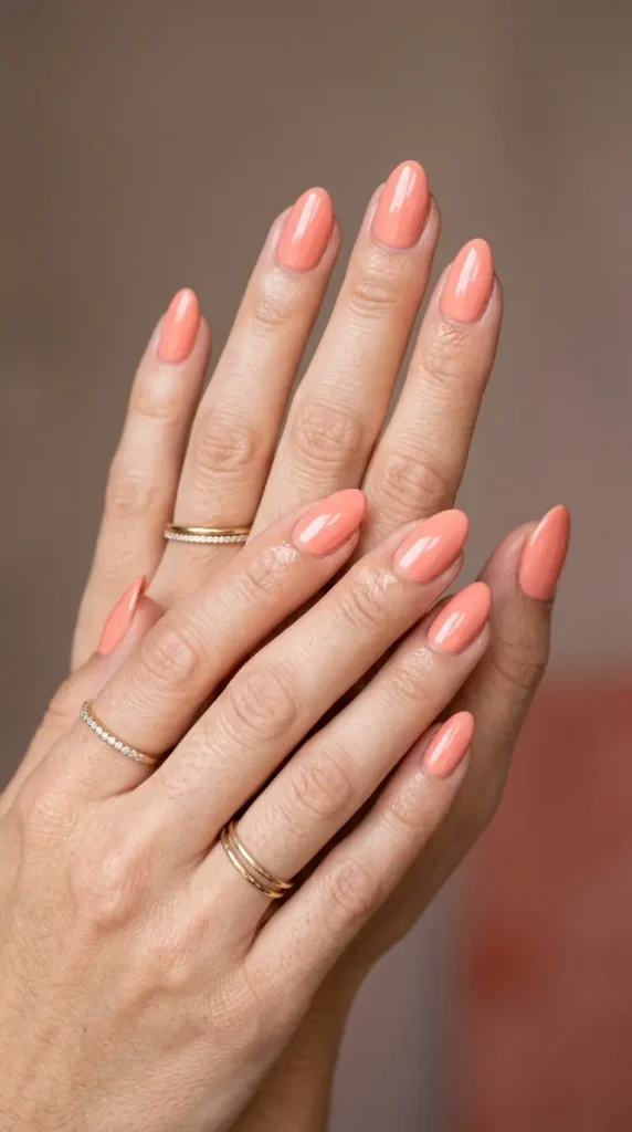 Soft coral nude glossy nails