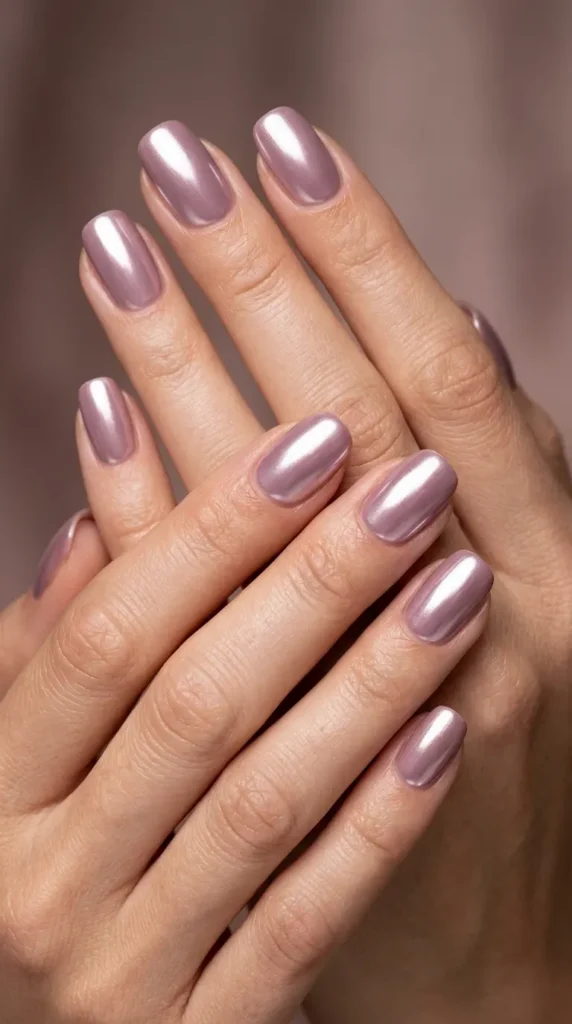 Soft mauve nails with chrome powder shine