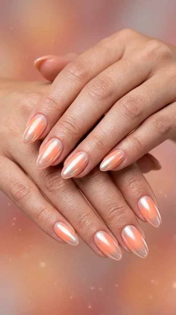 Soft Peach Chrome Aura Nails