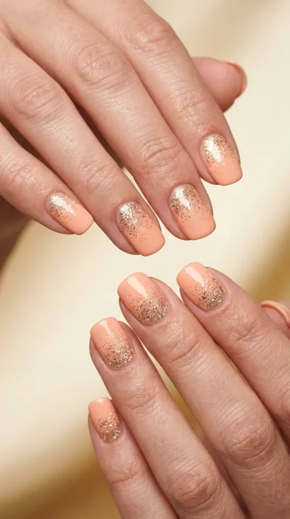 Soft peach nails with subtle glitter fade