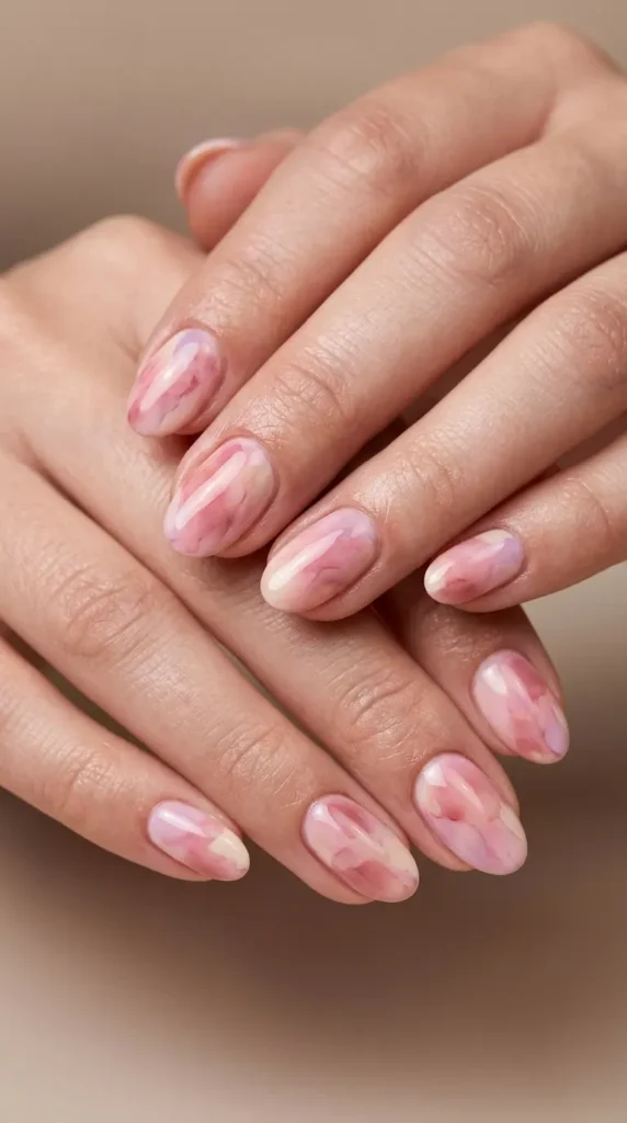 Soft pink nails with abstract watercolor effect